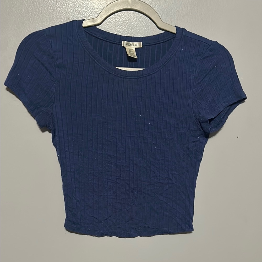 Bozzolo Blue Ribbed Fitted Crop T-Shirt